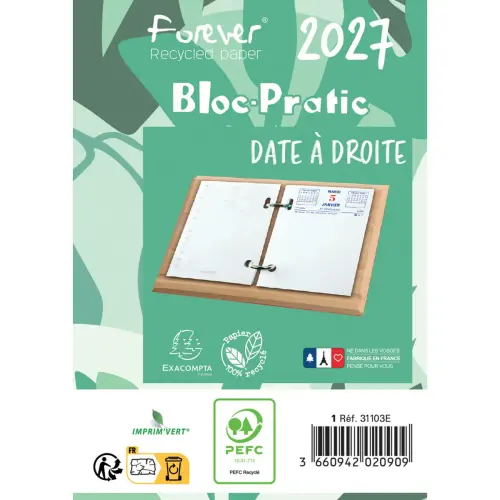 Bloc-&eacute;ph&eacute;m&eacute;ride recycl&eacute; date &agrave; droite - 8,2 x 12 cm - Janvier &agrave; d&eacute;cembre - EXACOMPTA 