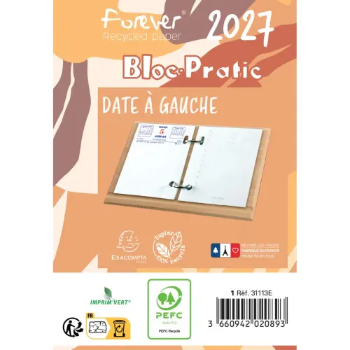 Bloc-éphéméride recyclé date à gauche - 8,2 x 12 cm - Janvier à décembre - EXACOMPTA