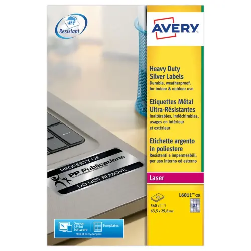 bo&icirc;te de 20 planches de 27 &eacute;tiquettes argent ultra r&eacute;sistantes AVERY 63,5x29,6mm 