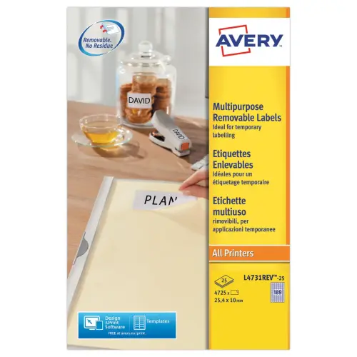 25 planches de 189 étiquettes blanches enlevables - 25,4x10mm - AVERY