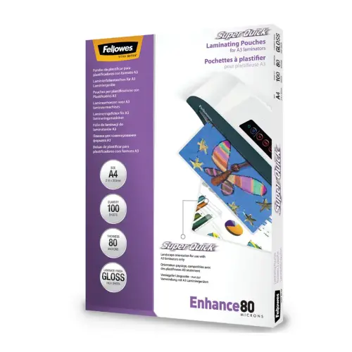 100 Pochettes de plastification SuperQuick brillantes - A4 - 80 microns - Fellowes