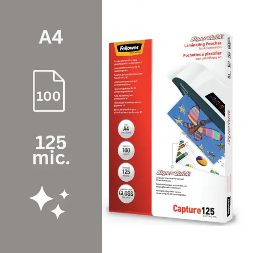 100 Pochettes de plastification SuperQuick brillantes - A4 - 125 microns - Fellowes 
