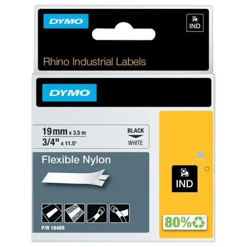 Ruban RHINO DYMO 18842 - 5,5 m x 9 mm - Texte noir sur fond blanc