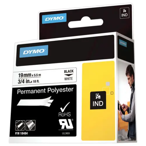 Ruban RHINO DYMO 18484 - 5,5 m x 19 mm - Texte noir sur fond blanc