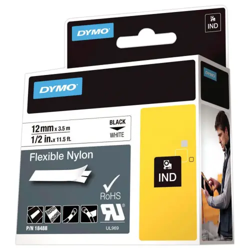 Ruban RHINO DYMO 18488 - 5,5 m x 12 mm - Texte noir sur fond blanc