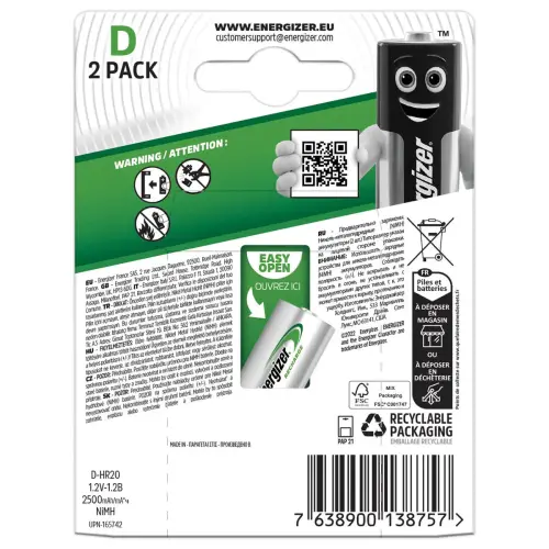 2 Piles rechargeables Power Plus HR20 ( D ) - 1,2 Volts - ENERGIZER
