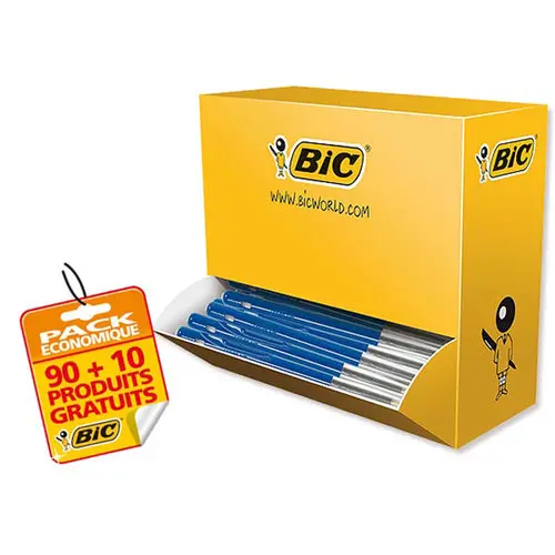 100 Stylos bille rétractables M10 - Pack de 90 + 10 gratuits - Écriture moyenne - Bleu - BIC
