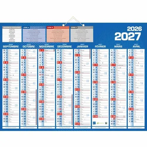 Calendrier banque 16 mois - 55 x 40,5 cm - Septembre 2026 à décembre 2027 - BOUCHUT GRANDREMY