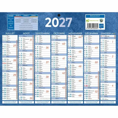 Calendrier 2027 de banque bleu 13 mois - 21x 26,5 cm - BOUCHUT GRANDREMY