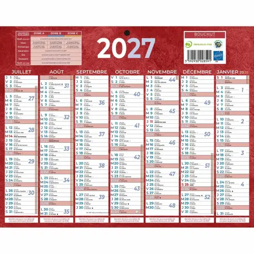 Calendrier 2027 13 mois - 26,5 x 21 cm - Rouge - BOUCHUT GRANDREMY 