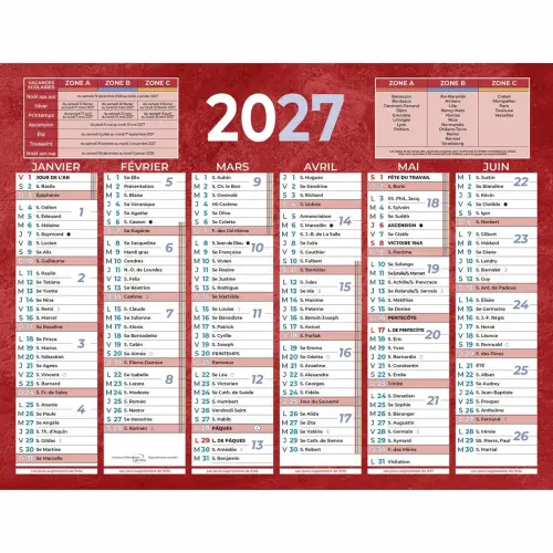 Calendrier de banque 2027 rouge 12 mois - 17,5 x 13,5 cm - BOUCHUT GRANDREMY 