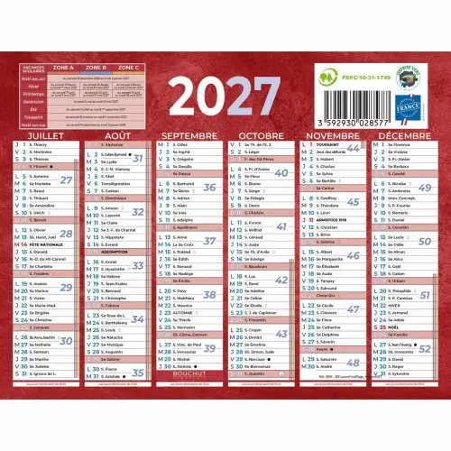 Calendrier de banque 2027 rouge 12 mois - 17,5 x 13,5 cm - BOUCHUT GRANDREMY 