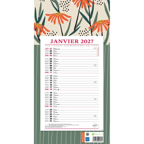 Calendrier mensuel à effeuiller Vegetal - 19x36 cm - Janvier à décembre - BOUCHUT GRANDREMY