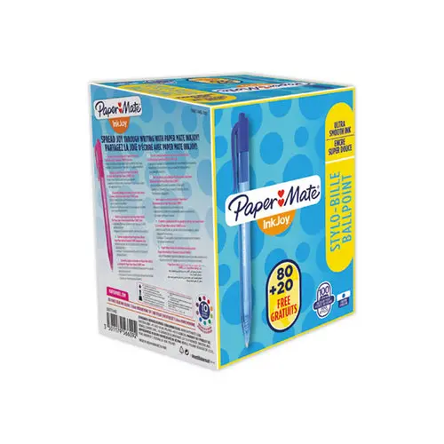 100 Stylos bille rétractables Inkjoy 100 RT (80 +20 gratuits) - Pack économique - Bleu - PAPER MATE INKJOY