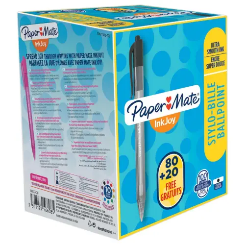100 Stylos bille rétractables Inkjoy 100 RT - Pack économique ( 80+20 gratuits) - Noir - PAPER MATE INKJOY