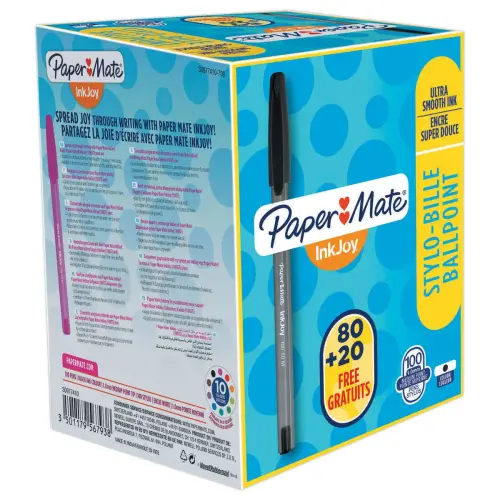 100 stylos bille Inkjoy 100 CAP PAPER MATE - Pack &eacute;co - Noirs 