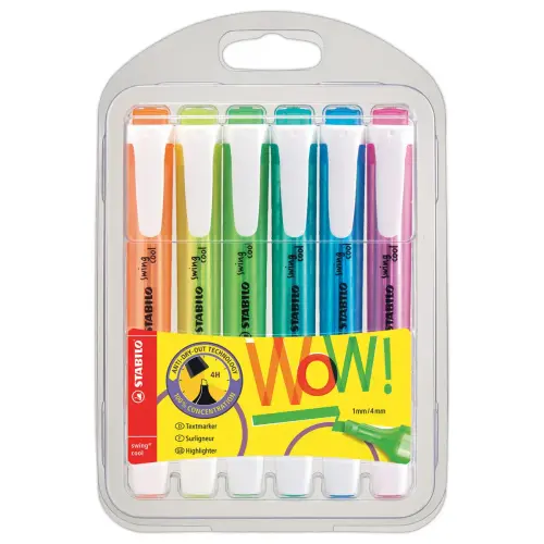 6 Surligneurs swing cool - Pointe biseautée - Coloris assortis - STABILO