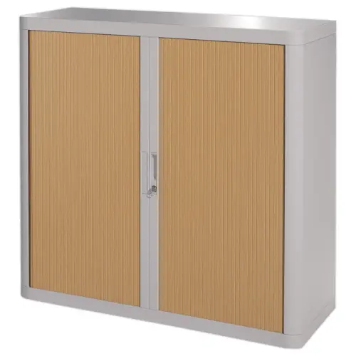 Armoire basse &agrave; rideaux Easyoffice - Gris et h&ecirc;tre - PAPERFLOW 