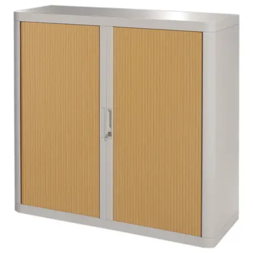 Armoire basse &agrave; rideaux Easyoffice - Gris et h&ecirc;tre - PAPERFLOW 