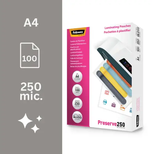 100 Pochettes de plastification brillantes A4 - 250 µ - Fellowes