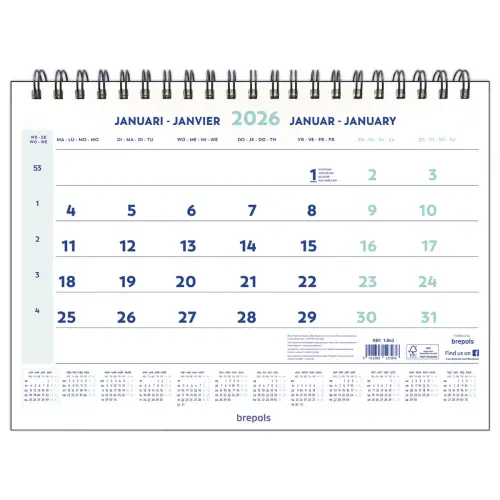 Calendrier mural wire - 46 x 31 cm - Janvier à décembre - BREPOLS