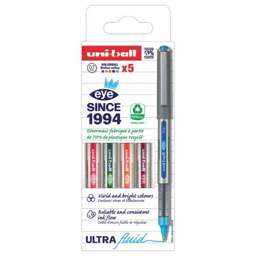 5 Stylos rollers Eye 157 - Pointe moyenne - Coloris assortis - UNI BALL