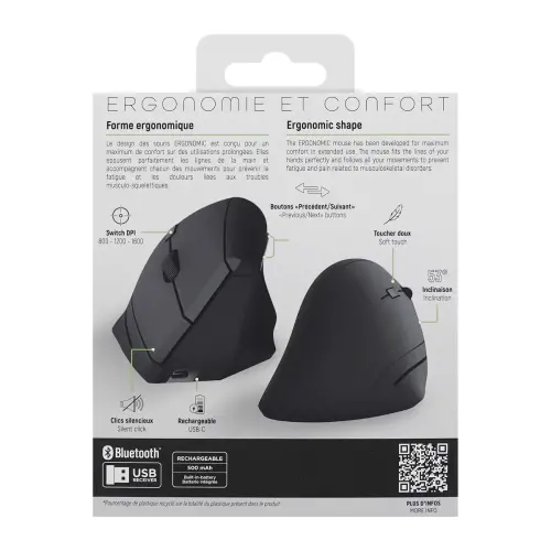 Souris ERGO sans fil - Verticale - Rechargeable - Noir - T'nB
