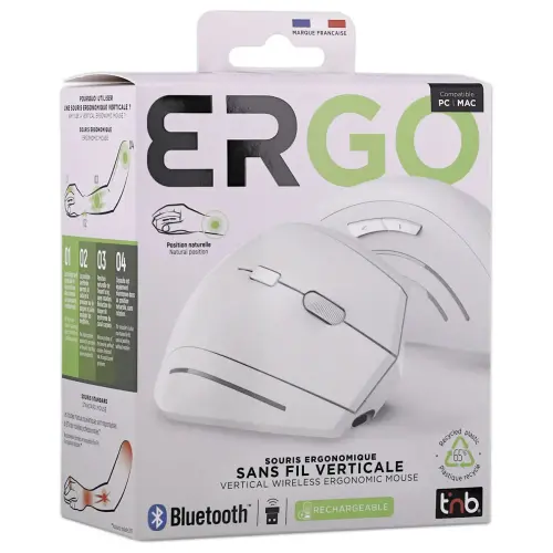 Souris ERGO sans fil - Verticale - Rechargeable - Blanc - T'NB