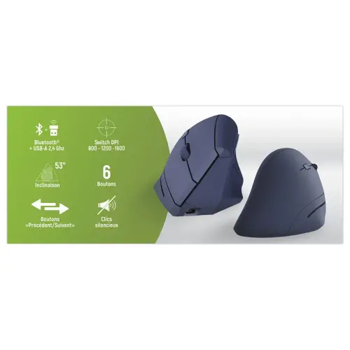 Souris ERGO sans fil - Verticale - Rechargeable - Bleu - T'NB