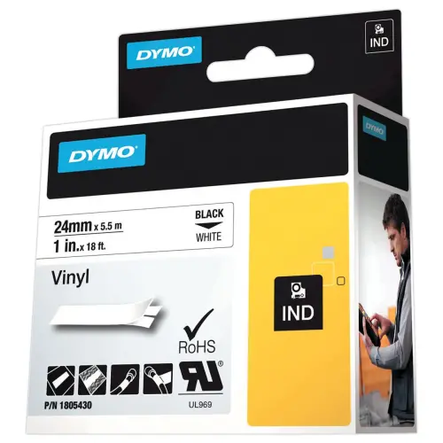 Ruban RHINO DYMO 1805430 - 5,5 m x 24 mm - Texte noir sur fond blanc