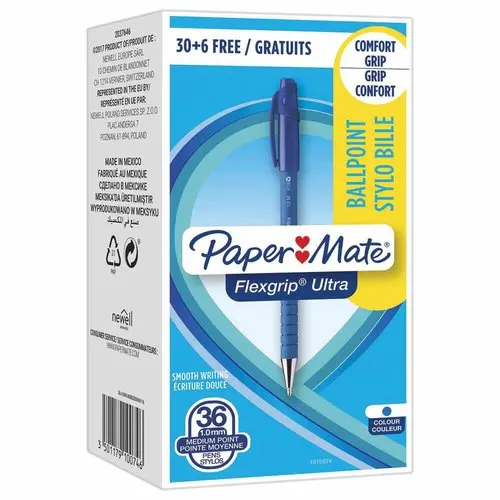 36 (30+6 offerts) Stylos bille rétractables Flexgrip - Écriture moyenne - Bleu - PAPERMATE
