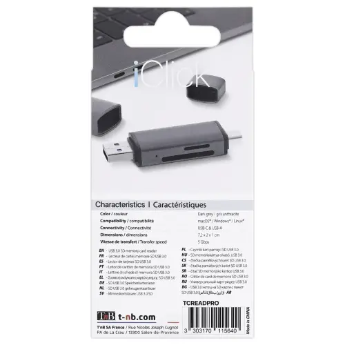 Lecteur Cartes 3 ports USB 3.0 - Aluminium - T'NB