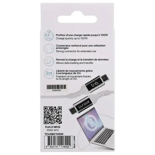 C&acirc;ble 100W 2m USB-C/USB-C - Tress&eacute; - Blanc - T'NB 