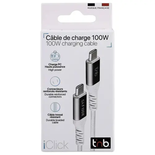 C&acirc;ble 100W 2m USB-C/USB-C - Tress&eacute; - Blanc - T'NB 