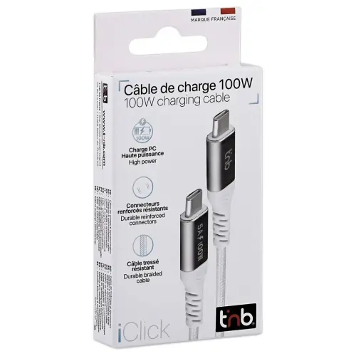 C&acirc;ble 100W 2m USB-C/USB-C - Tress&eacute; - Blanc - T'NB 