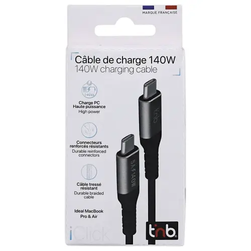 C&acirc;ble USB-C iClick 140W - 2m - Noir - T'NB 