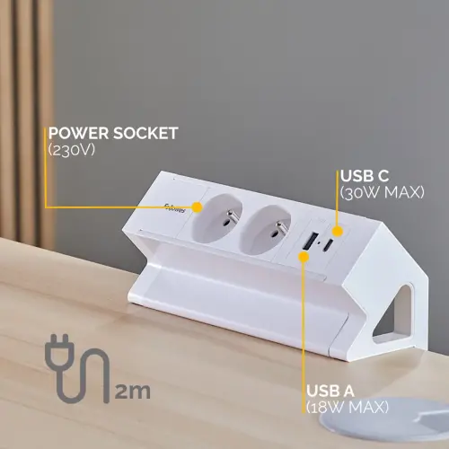 Unité d'Électrification - Power Desk 2 - USB-A & USB-C - Blanc - FELLOWES