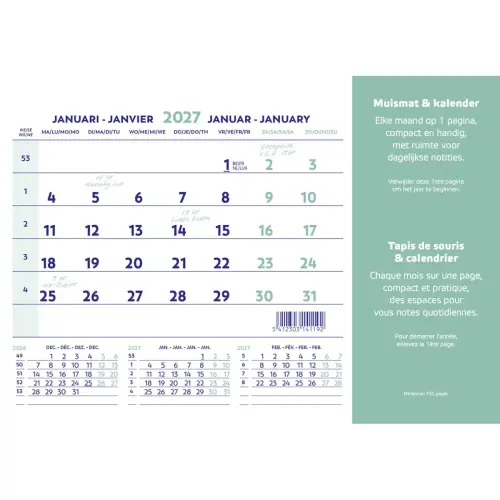 Tapis souris calendrier  - 23x18 cm - Janvier &agrave; d&eacute;cembre - BREPOLS 