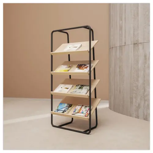 Pr&eacute;sentoir de Sol en Acier Noir Mat & 4 Tablettes en bois - MEET 