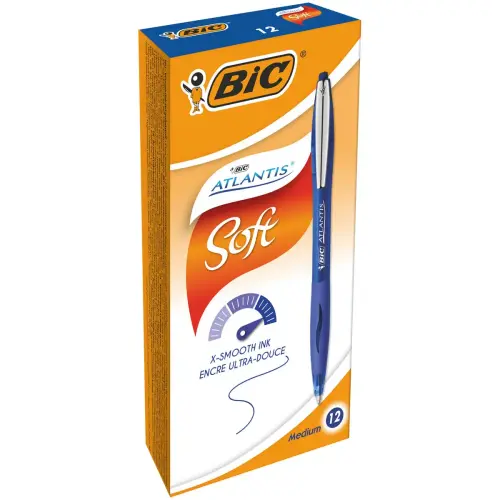 12 Stylos bille Atlantis Soft - Bleu + 1 surligneur jaune offert - BIC