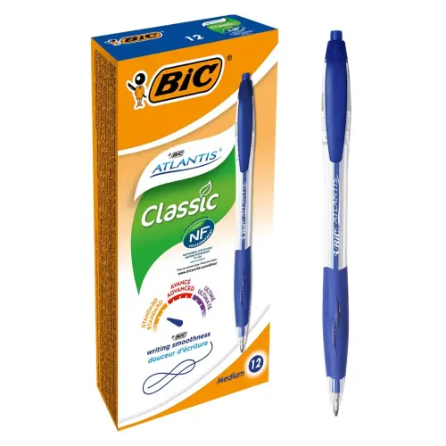 12 Stylos bille Atlantis Soft - Bleu + 1 surligneur jaune offert - BIC