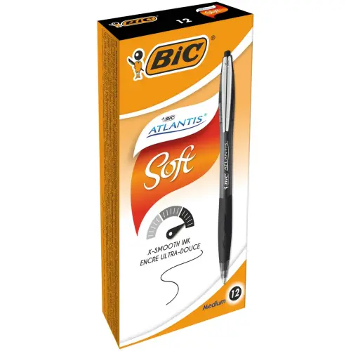 12 Stylos bille Atlantis Soft - Noir + 1 surligneur jaune offert - BIC