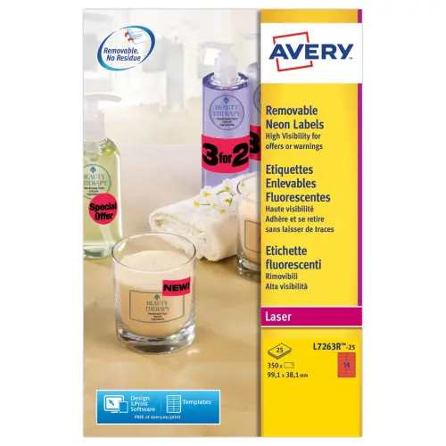 25 Planches d'étiquettes fluorescentes 99,1x38,1 - rouge - AVERY