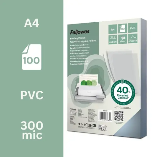 100 Couvertures PVC transparentes - 300 microns - A4 - FELLOWES 