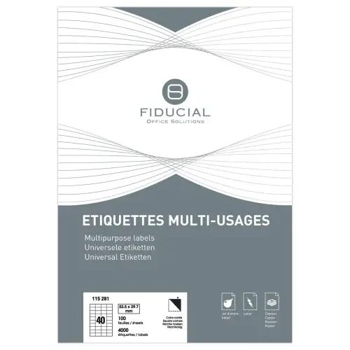 Planches de 40 &eacute;tiquettes &agrave; coins carr&eacute;s - 52,5 x 29,7 mm - FIDUCIAL OFFICE SOLUTIONS 