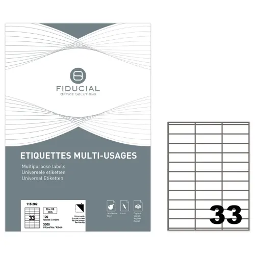 100 Planches de 33 étiquettes à coins carrés - 70 x 25 mm - FIDUCIAL OFFICE SOLUTIONS