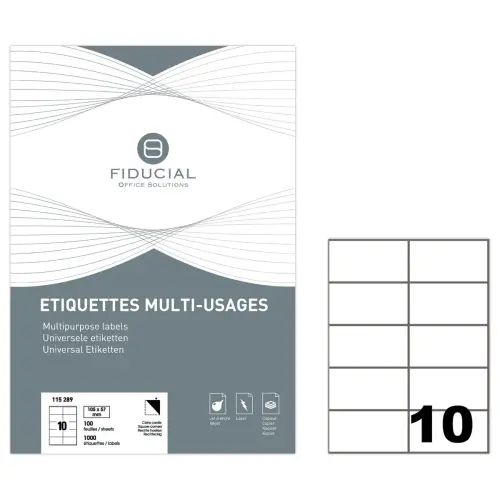 100 Planches de 10 &eacute;tiquettes blanches - Coins carr&eacute;s - 105 x 57 mm - FIDUCIAL OFFICE SOLUTIONS 