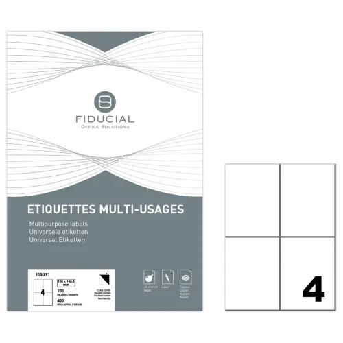 100 Planches de 4 étiquettes à coins carrés - 105 x 148,5 mm - FIDUCIAL OFFICE SOLUTIONS