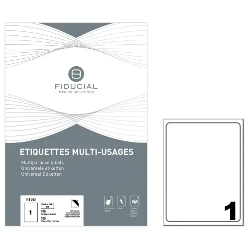 100 Planches d'étiquettes FIDUCIAL coins ronds 199,6x289,1mm 100 étiq/bte