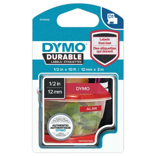 ruban DYMO D1 Durable - Texte blanc sur fond rouge - 12 mm x 3 m
